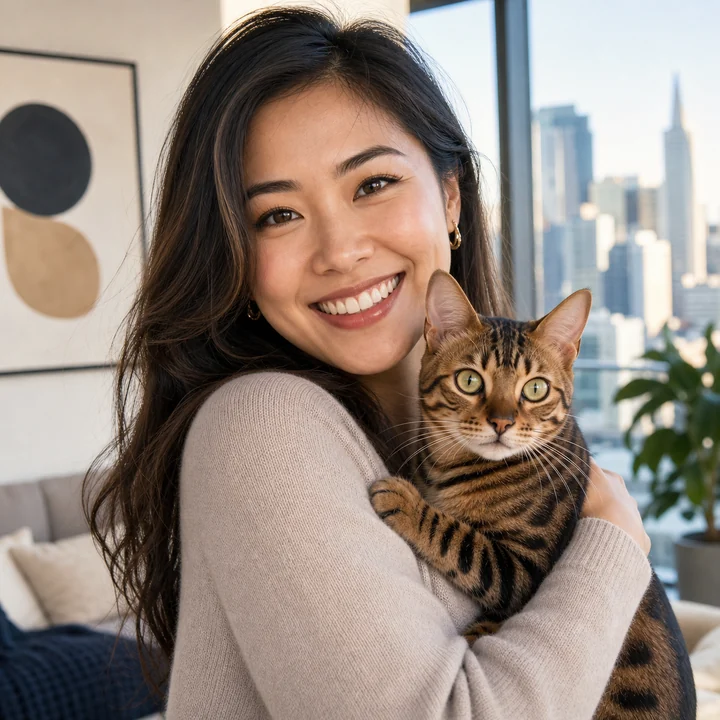 Maya Chen with her Bengal cat